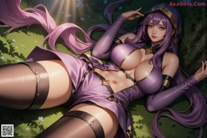 A woman with purple hair wearing a purple dress and black gloves.
