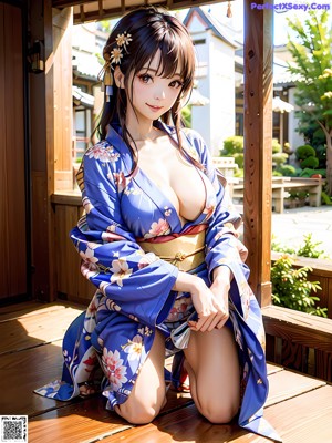A woman in a kimono sitting on a bed.