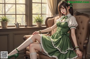 A woman in a green dress sitting on a wooden floor.
