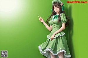 A woman in a green and white dress standing in a field of tall grass.