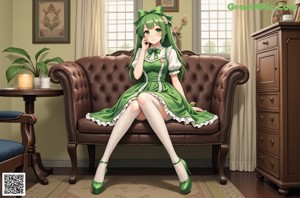 A girl in a green dress sitting on the floor.
