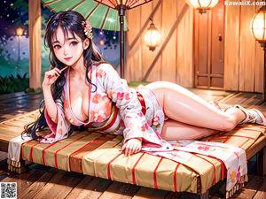 A woman in a blue kimono standing in front of a window.