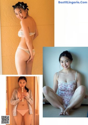 A woman in a pink bikini standing in a hallway.