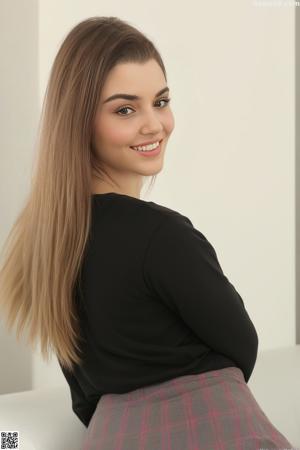 A woman in a white shirt and black skirt posing for a picture.
