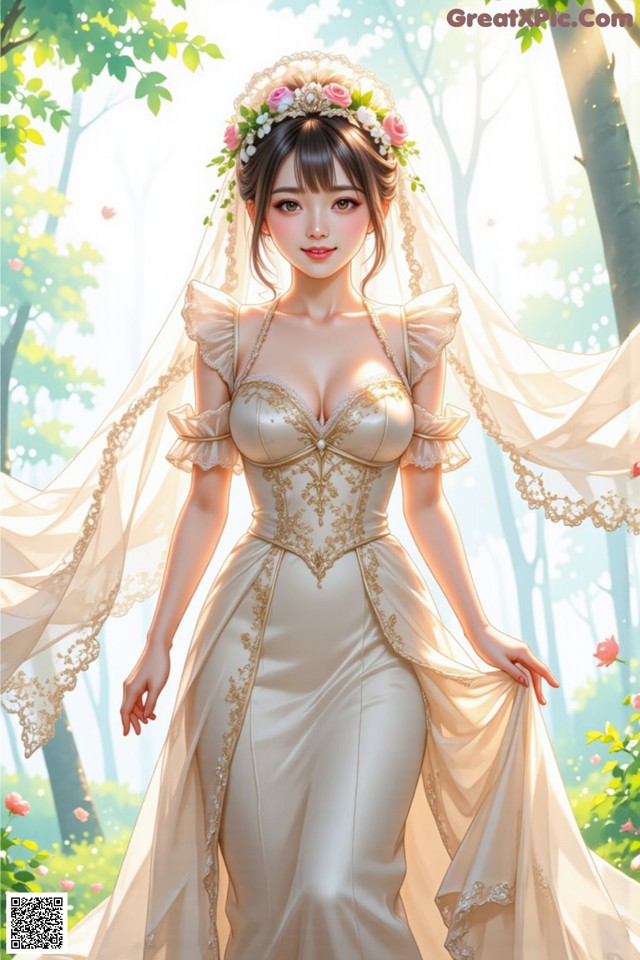 A woman in a wedding dress standing in a forest.