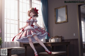 A woman in a white dress and red shoes posing for a picture.