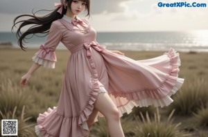 A woman in a maid outfit posing for a picture.