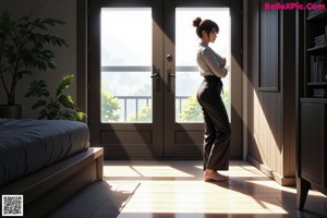 A woman sitting on top of a bed in a room.