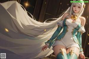 A girl with long blonde hair wearing a white dress and blue boots.