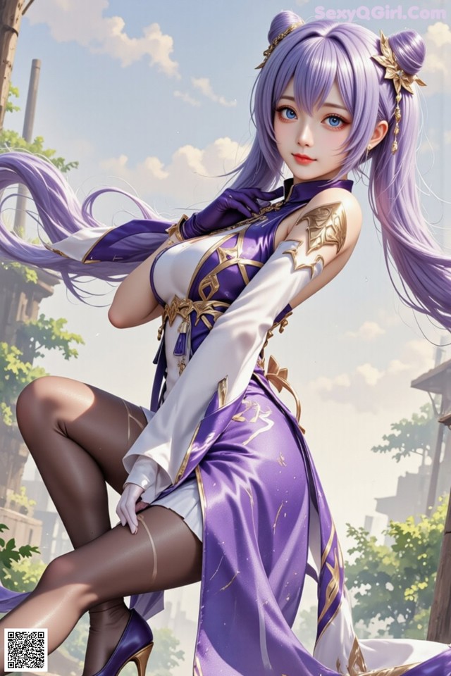 Hentai - Sovereign of Lightning in Exquisite Garb Set.1 20250125 Part 8 No.5e4aa6 A woman with long purple hair sitting on a tree.
