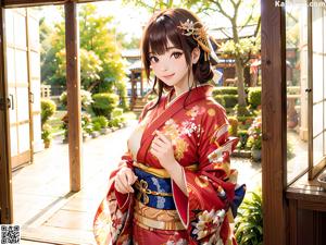 A naked woman in a kimono sitting on a wooden bench.