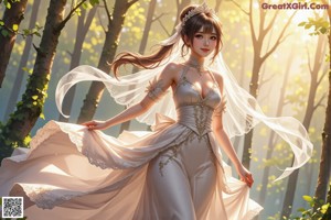 A woman in a wedding dress standing in a forest.