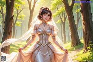 A woman in a wedding dress standing in the woods.