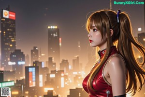 A woman in an orange bikini posing in front of a city.