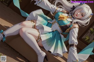 A woman with long blue hair sitting on a chair.