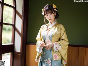 A woman in a blue kimono posing for the camera.