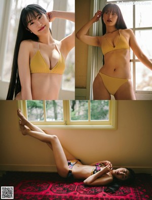 A woman in a bikini leaning against a window.