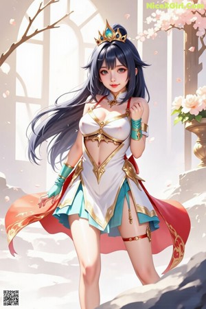 A woman with long black hair is dancing in the air.