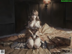 A woman in a blue kimono sitting on a wooden floor.
