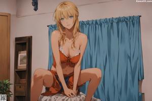 A woman in stockings and stockings sitting on a couch.