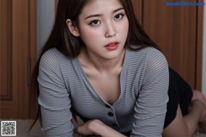 A woman sitting on the floor in front of a blackboard.