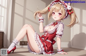 a woman in a red dress with a bunny on her head