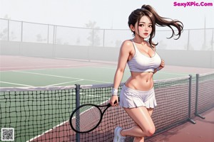 A woman in a white top and black skirt holding a tennis racket.