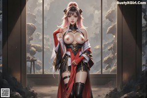 A woman in a revealing outfit with a red and white top and black accessories.