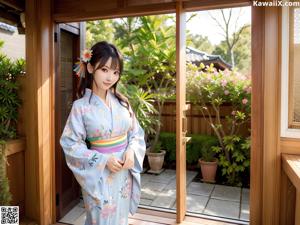 A woman in a blue kimono posing for the camera.