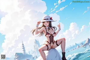 A woman in lingerie standing in front of a city skyline.