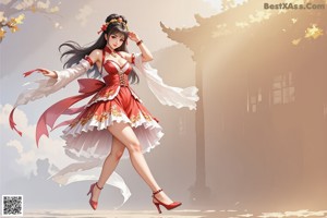 A woman in a red and white dress holding a flower.