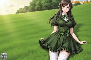 A girl in a green dress and white stockings posing for a picture.