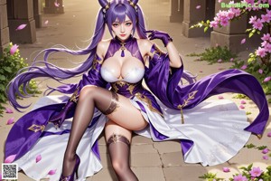 A woman in a purple dress sitting on a chair.