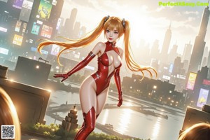 A woman in a red bodysuit standing in the middle of a city.
