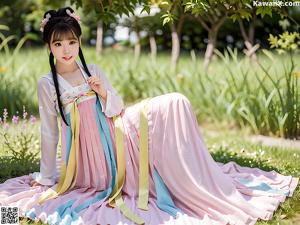 A woman in a pink and blue dress standing in a garden.