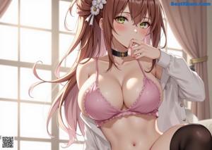 Anime girl with big tits sitting on a bed.