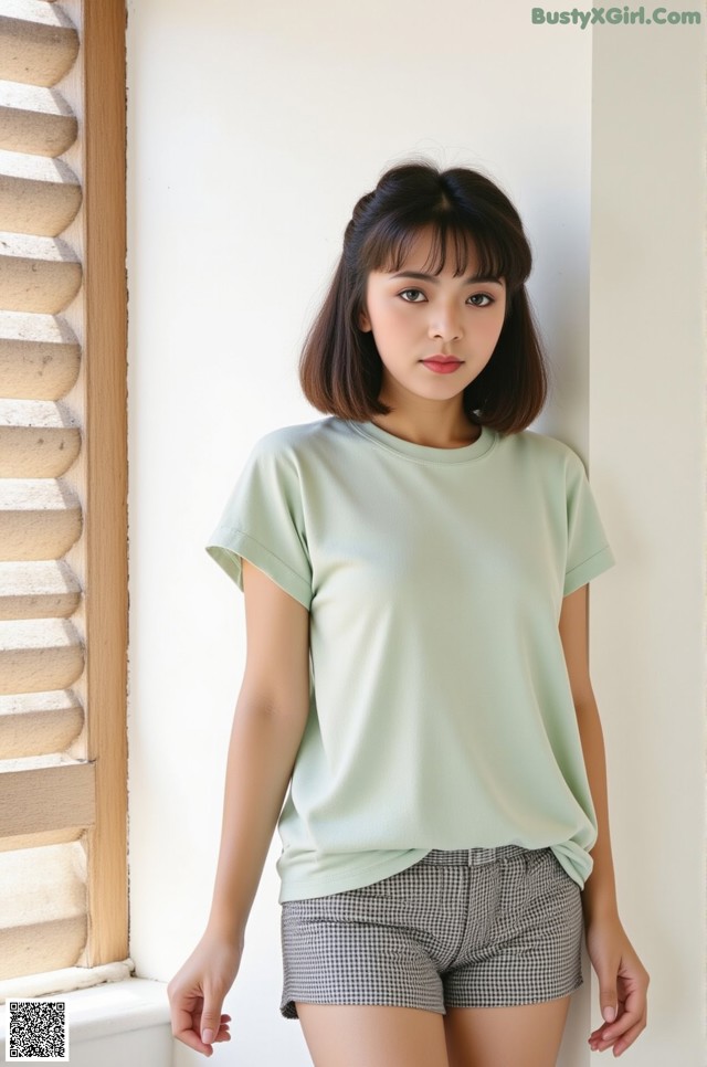 a woman standing in front of a window wearing a green shirt