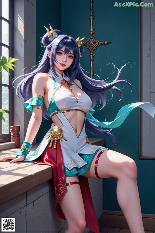 Hentai - Under the Radiance of Celestial Grace Set.1 20250106 Part 8 No.afdc99 A woman with long purple hair sitting on a window sill.