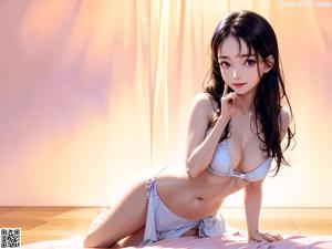 A woman in a pink bra sitting on a bed.