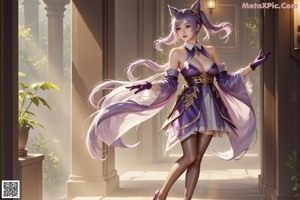A woman with long blue hair wearing a purple dress and gloves.
