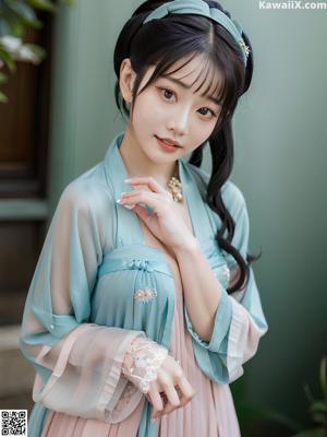 A woman in a pink kimono posing for a picture.