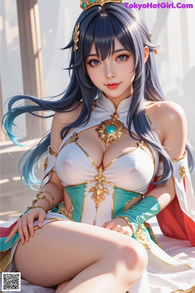 Hentai - Under the Radiance of Celestial Grace Set.2 20250124 Part 17 No.faa16f A woman in a white and blue outfit sitting on a bed.