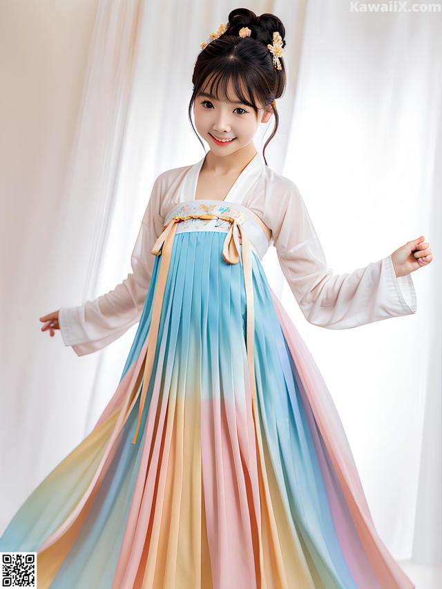 A little girl wearing a colorful hanbok is posing for a picture.