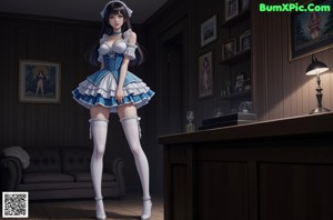 A woman in a blue and white dress and stockings posing for a picture.