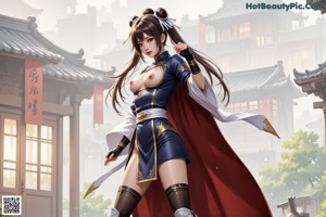 A woman in a blue and gold outfit with high boots sits on a wooden ledge.