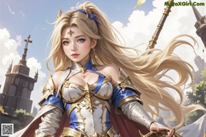 A woman in armor holding a sword in front of a castle.
