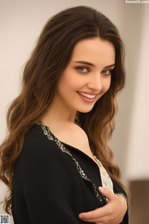 A woman in a white shirt is posing on a bed.