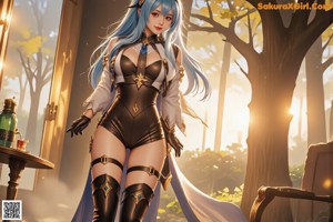 A woman with long blue hair standing on top of a mountain.