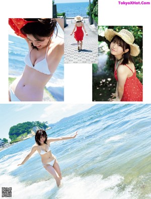 A woman in a white bikini standing on the beach.