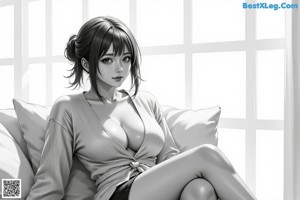 A woman sitting on top of a bed next to a window.